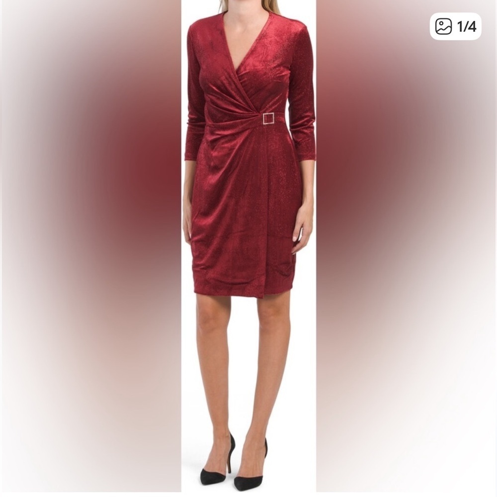 Anne Klein Classic Velvet & Glitter 3/4 sleeve Faux Wrap Dress  Size 2 NWOT